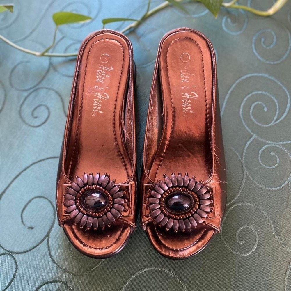 Helens Heart Metallic Copper Platform Slide Sandals Beaded Flower Wedges Women 7